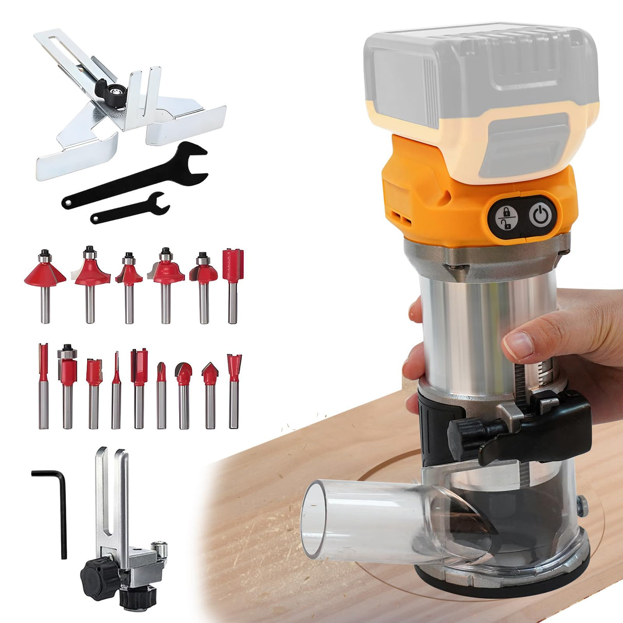 SYWAN Cordless Power Router for DeWalt 20V Battery (Bare Tool), Brushless Trim Router with 15PCS 1/4" Bits, 6 Variable Speeds Router Tool for Woodworking, 800W 10000-30000min/r SYWAN