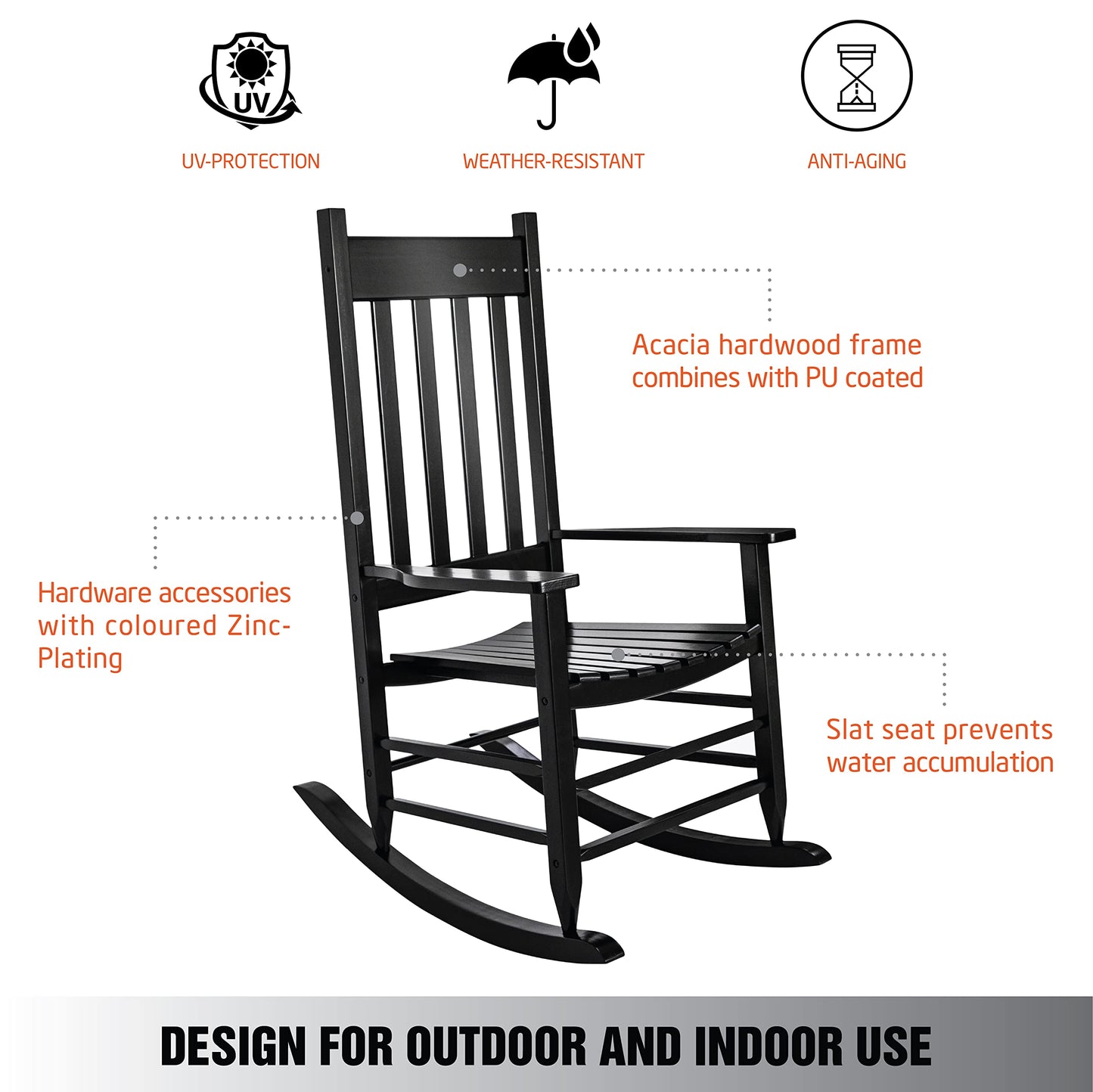 HOMESTEAD Wooden Rocking Chair Outdoor Furniture - Acacia Solid Wood Black Rocking Chair Front Porch Furniture - FSC Certified Hardwood Indoor & Outdoor Adirondack Rocking Patio Rocker Porch Chairs