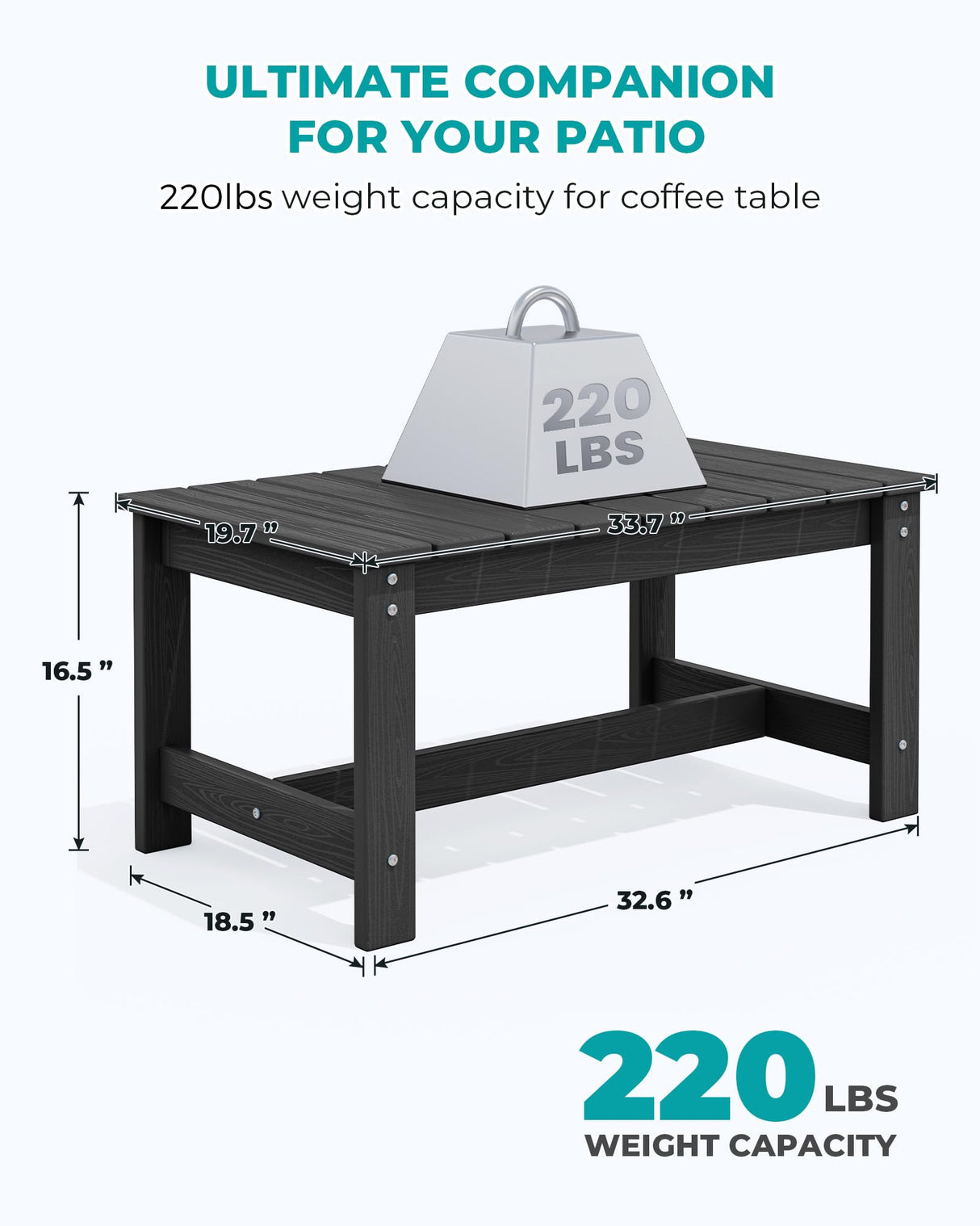 SERWALL Outdoor Coffee Table, HDPE Patio Coffee Table for Outside, Rectangle, Black SERWALL