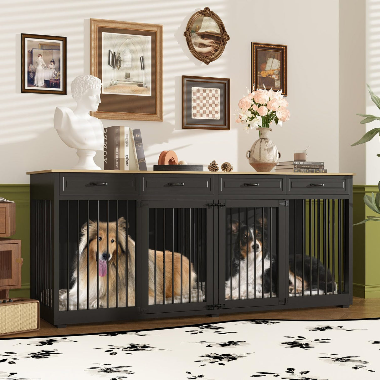 Timechee Extra Large Dog Crate, 86.6" Heavy Duty Wooden Dog Cage Furniture Dog Crate Kennel with Drawers & Removable Divider,Indoor Luxury Dog House with Double Rooms for XL L Breed Dogs, Black Timechee