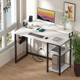 GreenForest 40 inch Home Office Desk with Power Outlets, Small Computer Desk with Ergonomic Monitor Stand, Reversible Gaming Desk, Modern Study Desk, Laptop Desk, White GreenForest
