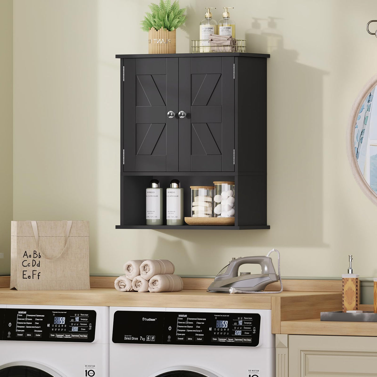 TEENFON Bathroom Wall Cabinet, Over The Toilet Space Saver Storage Cabinet with Barn Doors & Adjustable Shelf, Hanging Medicine Cabinet, Black TEENFON