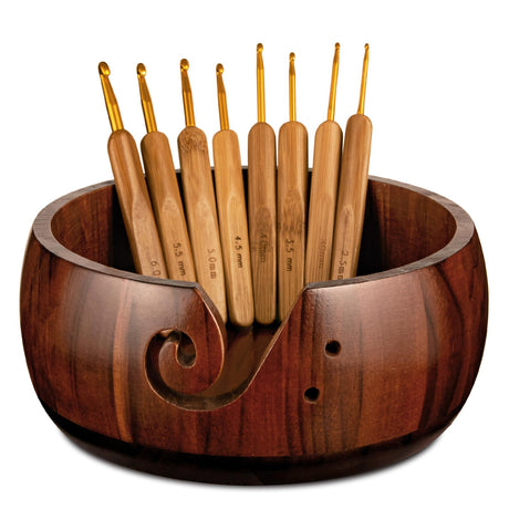Wooden Yarn Bowl Holder, Craft Knitting Bowl with 8pcs Metal Crochet Hooks, 7.9''Large Yarn Holder Dispenser Yarn Storage Bowls, for Knitters & Crocheters (Brown 7.9 inch) Sewovvmu