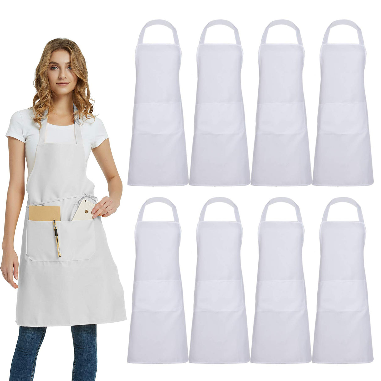 DUSKCOVE 8 Pack Bib Aprons Bulk - Unisex White Commercial Apron with 2 Pockets for Kitchen Crafting BBQ Drawing Cooking DUSKCOVE