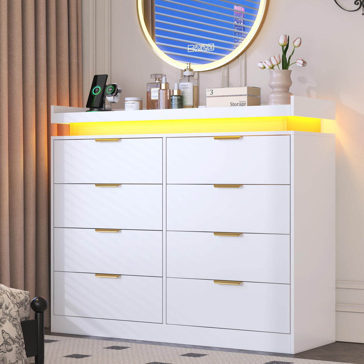 knoworld 8 Drawer Dressers for Bedroom, White Dresser with LED Lights and Power Outlet, Wood LED Dresser, Double Wide Modern Chest of Drawers for Bedroom, Entryway, Hallway knoworld