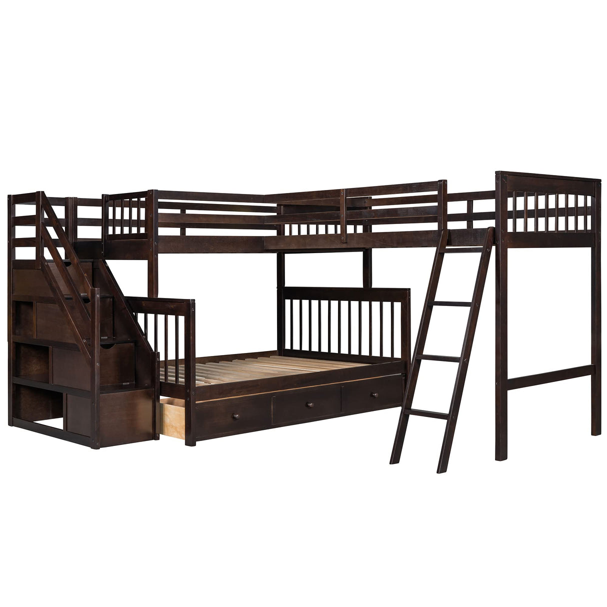 CITYLIGHT Twin Over Full L-Shaped Triple Bunk Bed for Kids, Wooden Corner Bunk Bed with 3 Storage Drawers Attached a Twin Loft Bed,Bunk Beds with Stairs and Ladder for Boys Girls Teens,Espresso CITYLIGHT