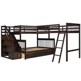 CITYLIGHT Twin Over Full L-Shaped Triple Bunk Bed for Kids, Wooden Corner Bunk Bed with 3 Storage Drawers Attached a Twin Loft Bed,Bunk Beds with Stairs and Ladder for Boys Girls Teens,Espresso CITYLIGHT
