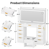 Pamapic Glass Top Vanity Desk with Mirror and Lights, 11 Drawers Makeup Vanity with Charging Station and Chair, Golden Handles Dressing Table, 3 Lighting Modes Makeup Table, White Pamapic