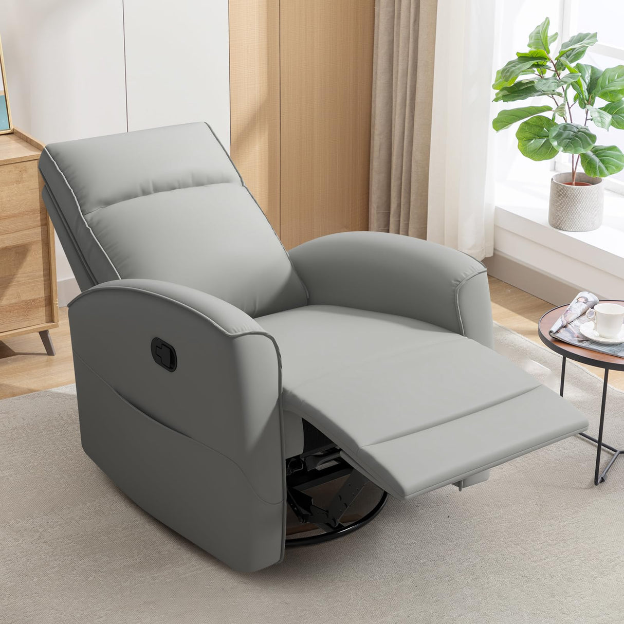 CANMOV Rocker Recliner Chair,360°Swivel Nursery Glider Recliner,Manual Recliner Sofa with Padded Armrest and Backrest,Leather Recliner for Small Spaces,Living Room,Bedroom,Grey CANMOV