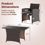 Tangkula 3 Piece Patio Wicker Dining Set, 2 Rattan Chairs with Rectangle Tempered Glass Dining Table, Outdoor Conversation Set with Cushions for Backyard, Porch, Poolside (Black) Tangkula