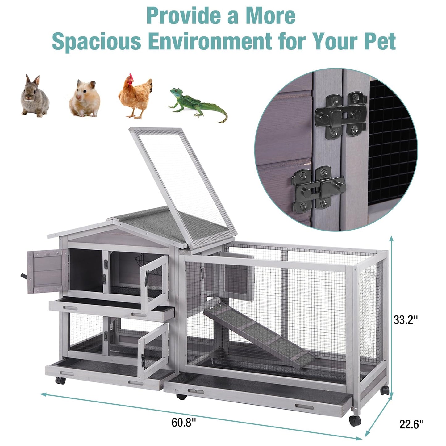 Suumerpety Rabbit Cage,Indoor Rabbit Hutch with Matel Frame and Pull Out Tray,Rabbit Hutch Chicken Coop with Run (Grey)