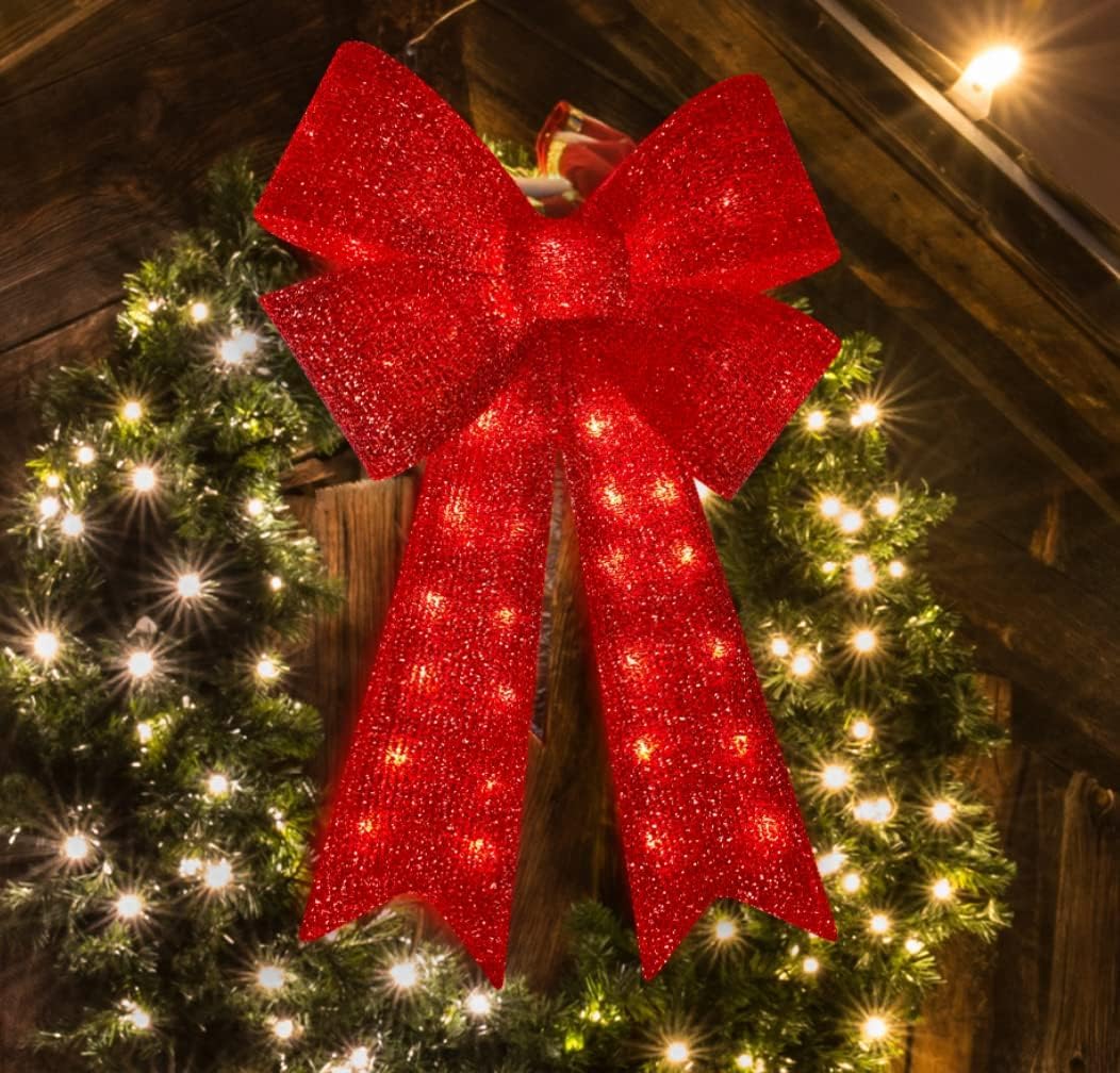 LAMPHOME Christmas Glitter Red Bow，Lighted Large Christmas Bows Wreath Decoration,Christmas Tree Topper Decorative Bow for Indoor Outdoor Christmas Parties Decorations (32IN 72LED) LAMPHOME