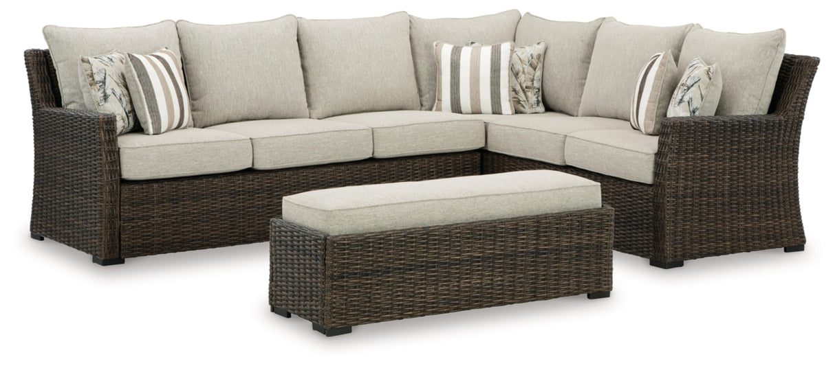 Signature Design by Ashley Brook Ranch Casual Weather Resistant Right Hand Facing Outdoor Sofa Sectional/Bench with Cushion and 6 Throw Pillows, Set of 3, Beige & Dark Brown Signature Design by Ashley