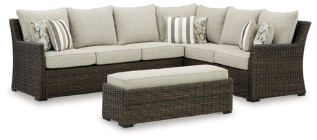 Signature Design by Ashley Brook Ranch Casual Weather Resistant Right Hand Facing Outdoor Sofa Sectional/Bench with Cushion and 6 Throw Pillows, Set of 3, Beige & Dark Brown Signature Design by Ashley