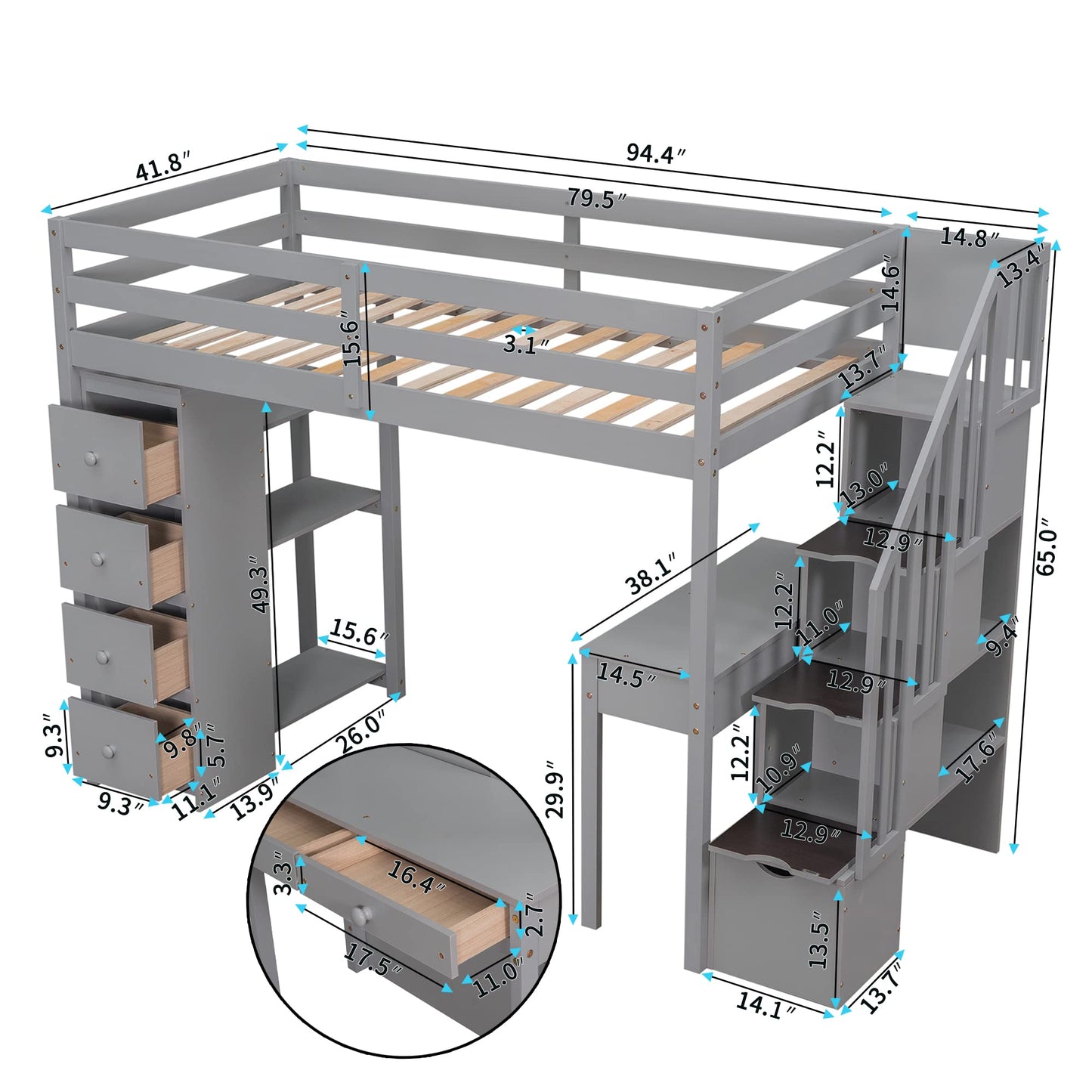 Bellemave Twin Loft Bed with Stairs, Desk, and Storage Drawers - Modern Gray Wood Frame for Kids and Teens - WoodArtSupply