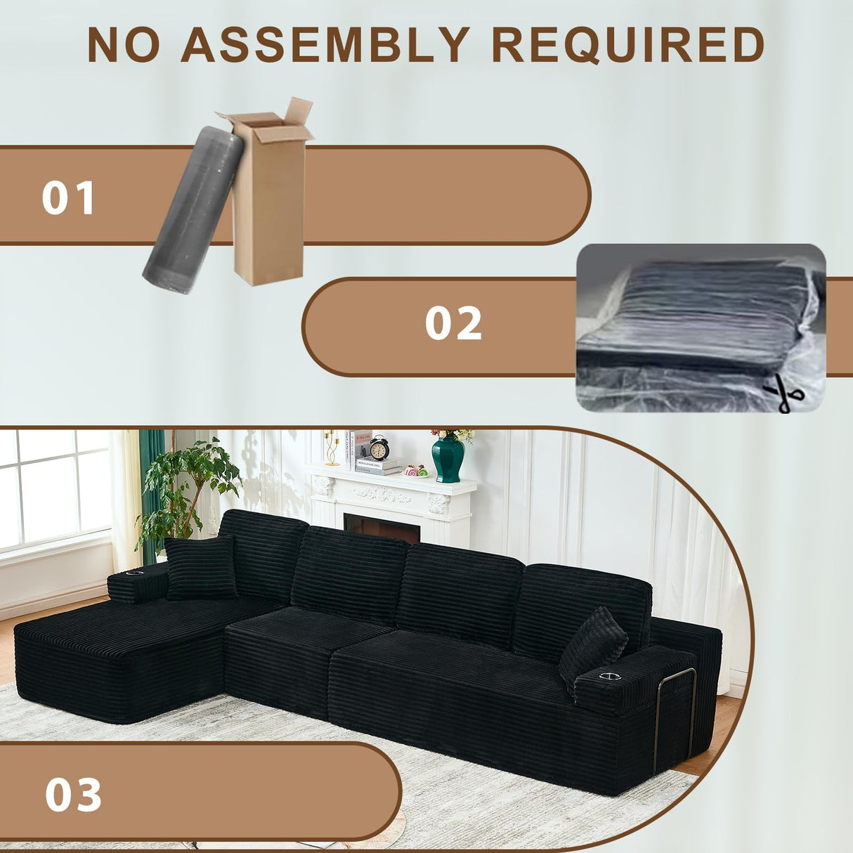 133" Cloud Sectional Couch with L-Shape Chaise,Modern Minimalist Upholstered Couches with Deep Seat,Corduroy Boneless Couches for Living Room Bedroom,No Assembly Required (Black,Left Facing Chaise) soothroom