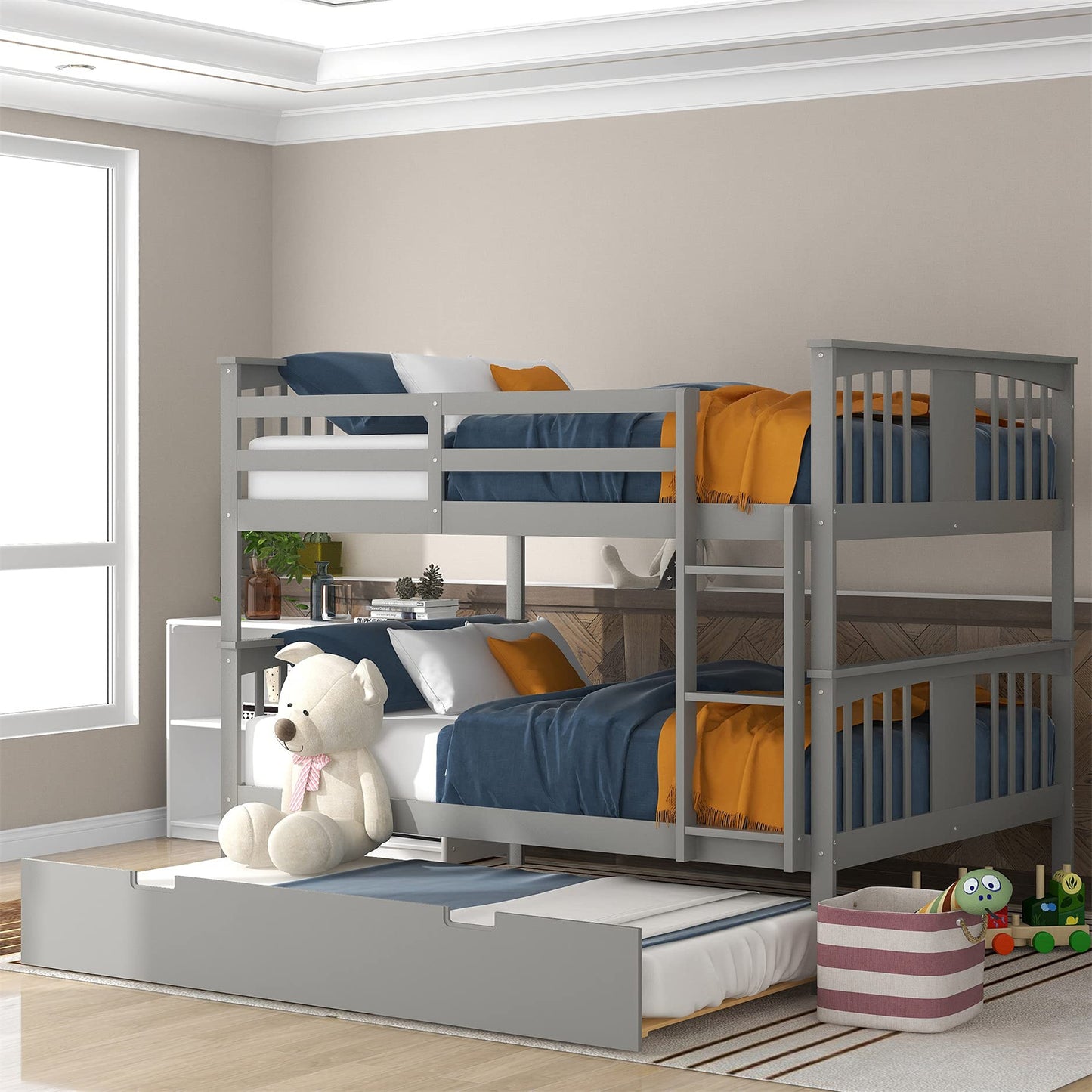 MERITLINE Bunk Bed Full Over Full, Wood Bunk Bed with Twin Size Trundle Bed and Ladder, Space Saving Design Bedroom Furniture (Gray)