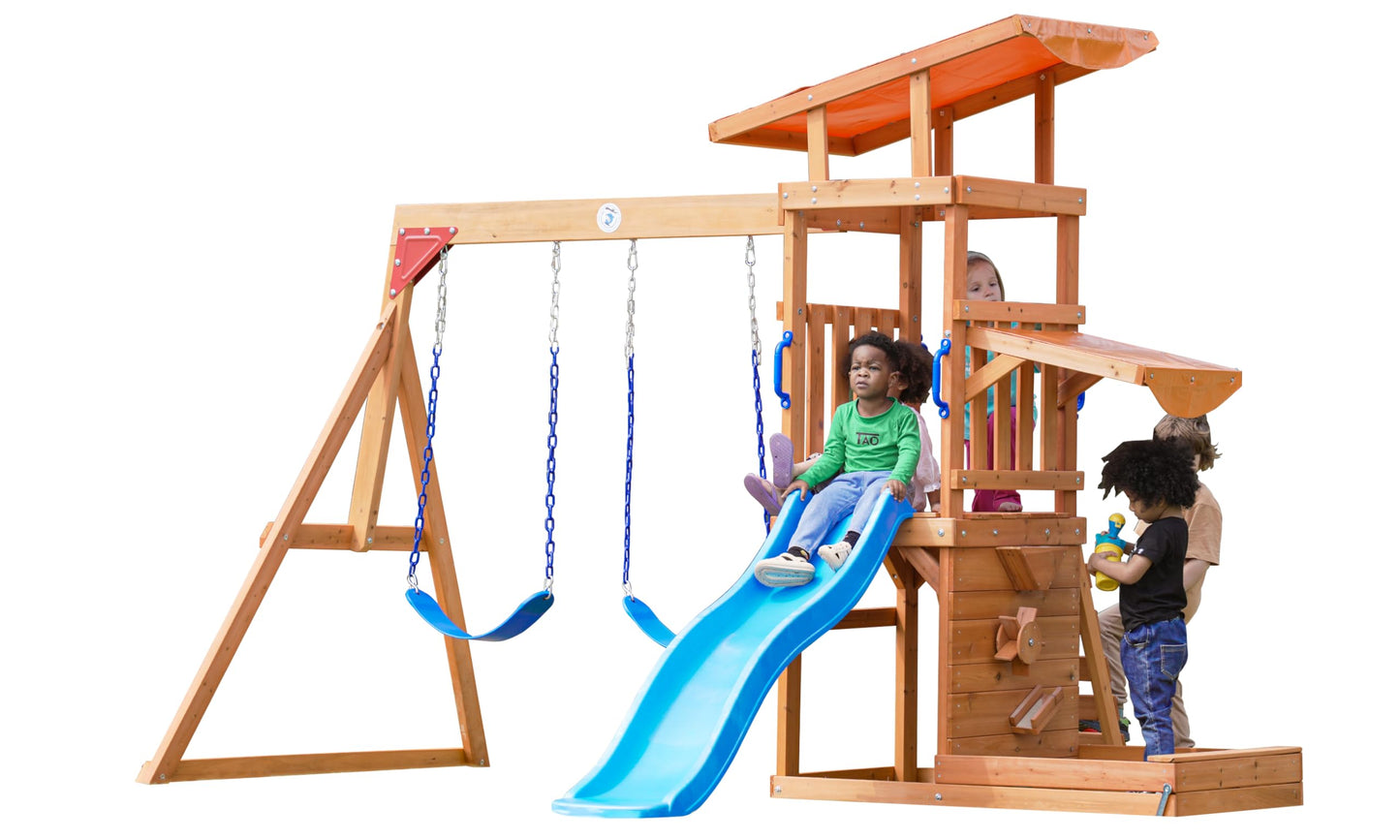 Dolphin Playground Outdoor Wooden Swing Sets for Backyard with Slide, Playground Sets for Backyards with Sandbox, Rock Climbing Wall, and 2 Belt Swings, Outdoor Playset for Kids Ages 3-6 - WoodArtSupply