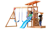 Dolphin Playground Outdoor Wooden Swing Sets for Backyard with Slide, Playground Sets for Backyards with Sandbox, Rock Climbing Wall, and 2 Belt Swings, Outdoor Playset for Kids Ages 3-6 DOLPHIN PLAYGROUND T