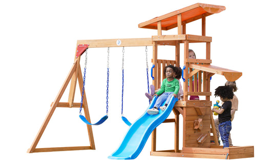 Dolphin Playground Outdoor Wooden Swing Sets for Backyard with Slide, Playground Sets for Backyards with Sandbox, Rock Climbing Wall, and 2 Belt Swings, Outdoor Playset for Kids Ages 3-6