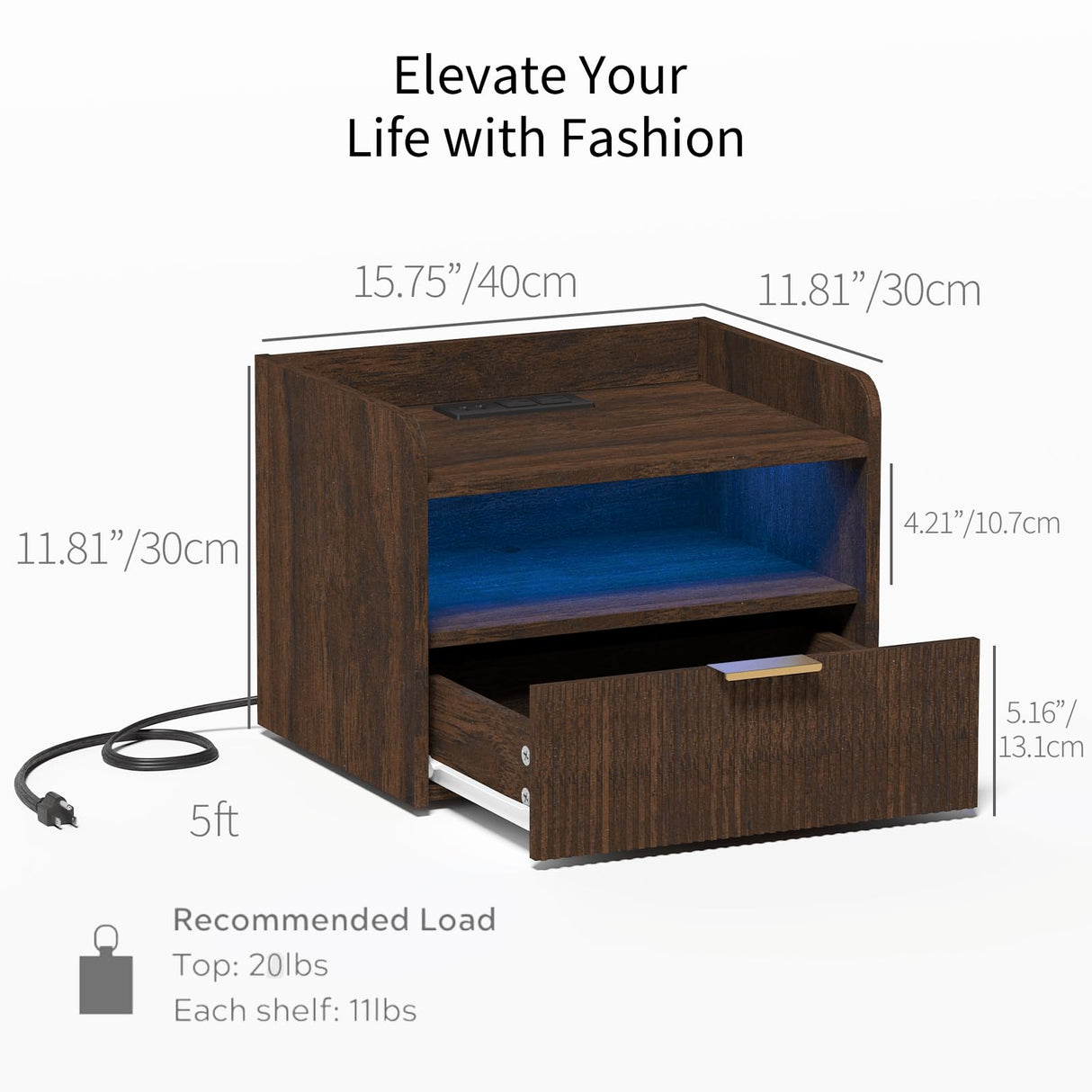 Veegle Floating Nightstand with Charging Station and LED Lights (Walnut Brown) Veegle