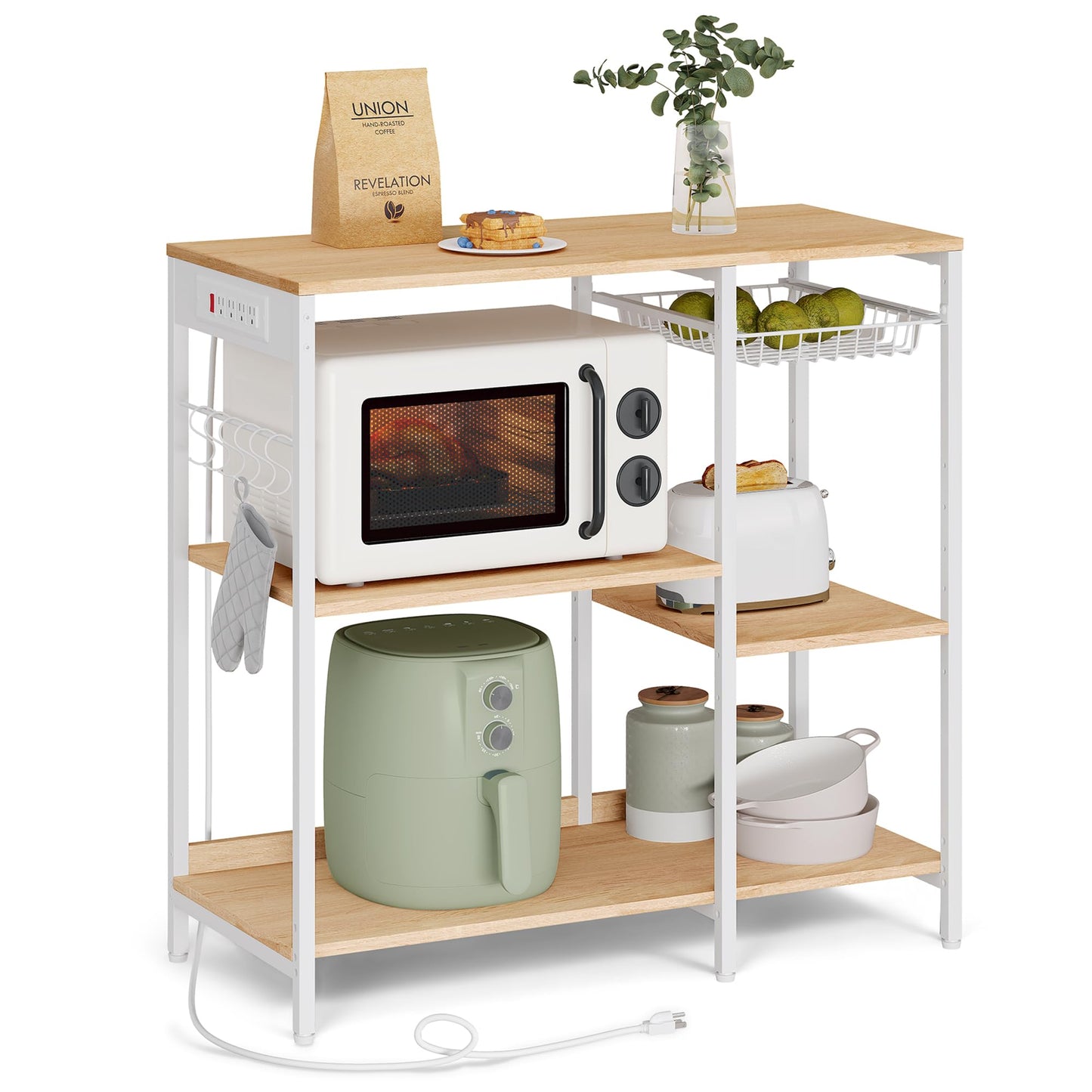 VASAGLE Baker's Rack, Coffee Bar Stand with Charging Station, Storage Shelves, Pull-Out Wire Basket, Table for Microwave, Kitchen, Oak Beige UKKS036Y09, 15.7 x 35.4 x 35.6 Inches