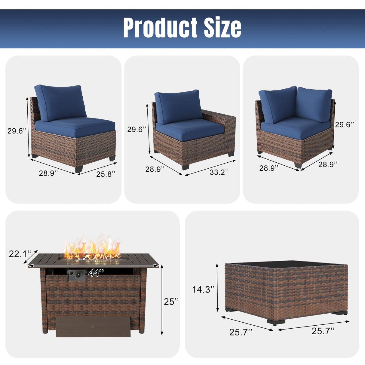 Aoxun 7 Pieces Patio Furniture Set with 44” Fire Pit Table Wicker Rattan Outdoor Sectional Conversation Set with Coffee Table and 4” Thickened Cushions, Blue(Waterproof Cover Included) Aoxun