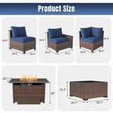 Aoxun 7 Pieces Patio Furniture Set with 44” Fire Pit Table Wicker Rattan Outdoor Sectional Conversation Set with Coffee Table and 4” Thickened Cushions, Blue(Waterproof Cover Included) Aoxun