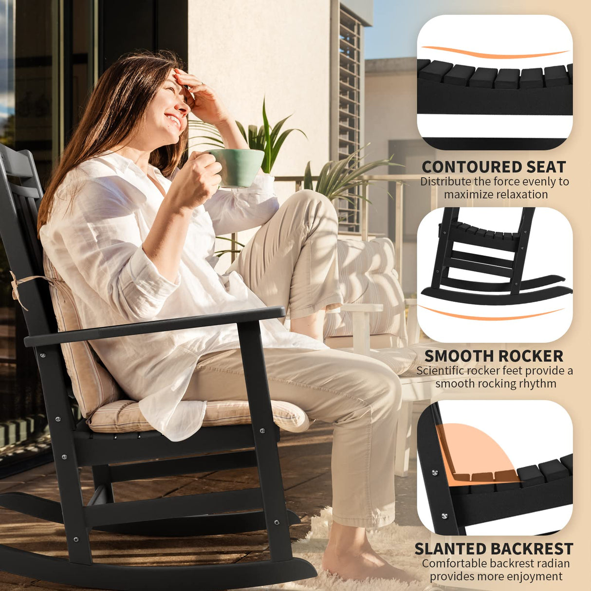 FUNBERRY Patio Rocking Chairs Set of 2,Poly Lumber Rocker,All Weather Rocking Chair Outdoor,High Back Porch Rocker,Cracker Barrel Rocking Chairs for Porch,360lbs FUNBERRY