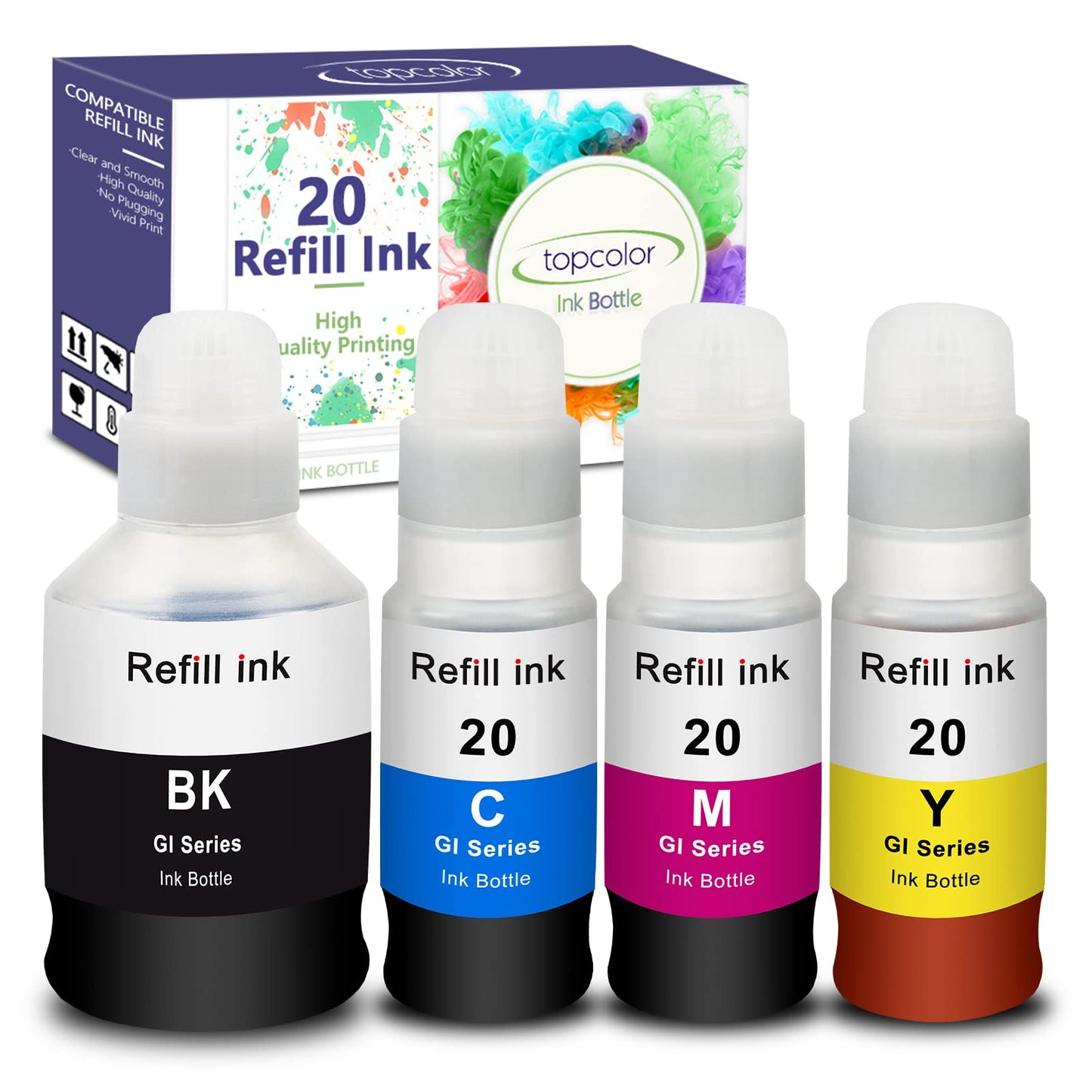 Topcolor Compatible Dye Ink Replacement for Canon GI-20 GI20 Ink Bottles Refills Kit for Canon G6020 G7020 G5020 MegaTank Printers, 170mL Black Ink Refill, 70mL Cyan Magenta Yellow, 4 Packs