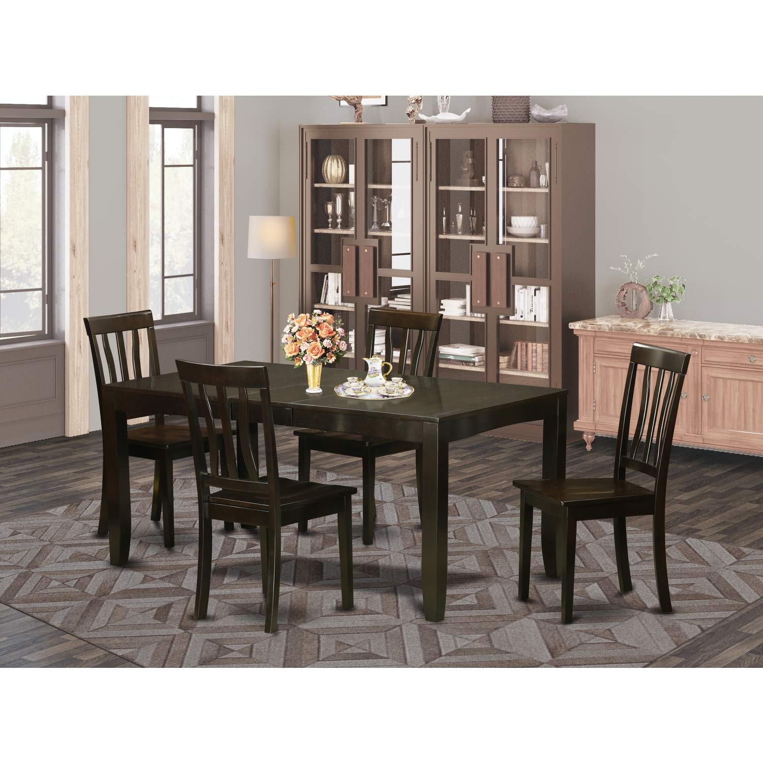 East West Furniture LYAN5-CAP-W Lynfield 5 Piece Kitchen Set for 4 Includes a Rectangle Dining Room Table with Butterfly Leaf and 4 Solid Wood Seat Chairs, 36x66 Inch, Cappuccino - WoodArtSupply