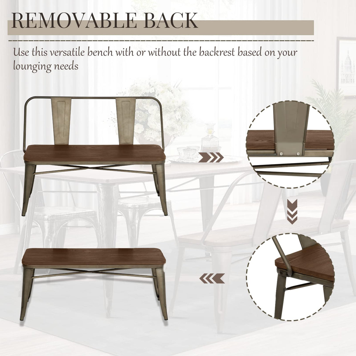 YOLENY Dining Bench, Entryway Bench with Back, Farmhouse Metal Dining Bench, Industrial Mid-Century 3 Person Rustic Spindle Bench, with Wood Seat, Removable Backrest, 42in, Bronze YOLENY