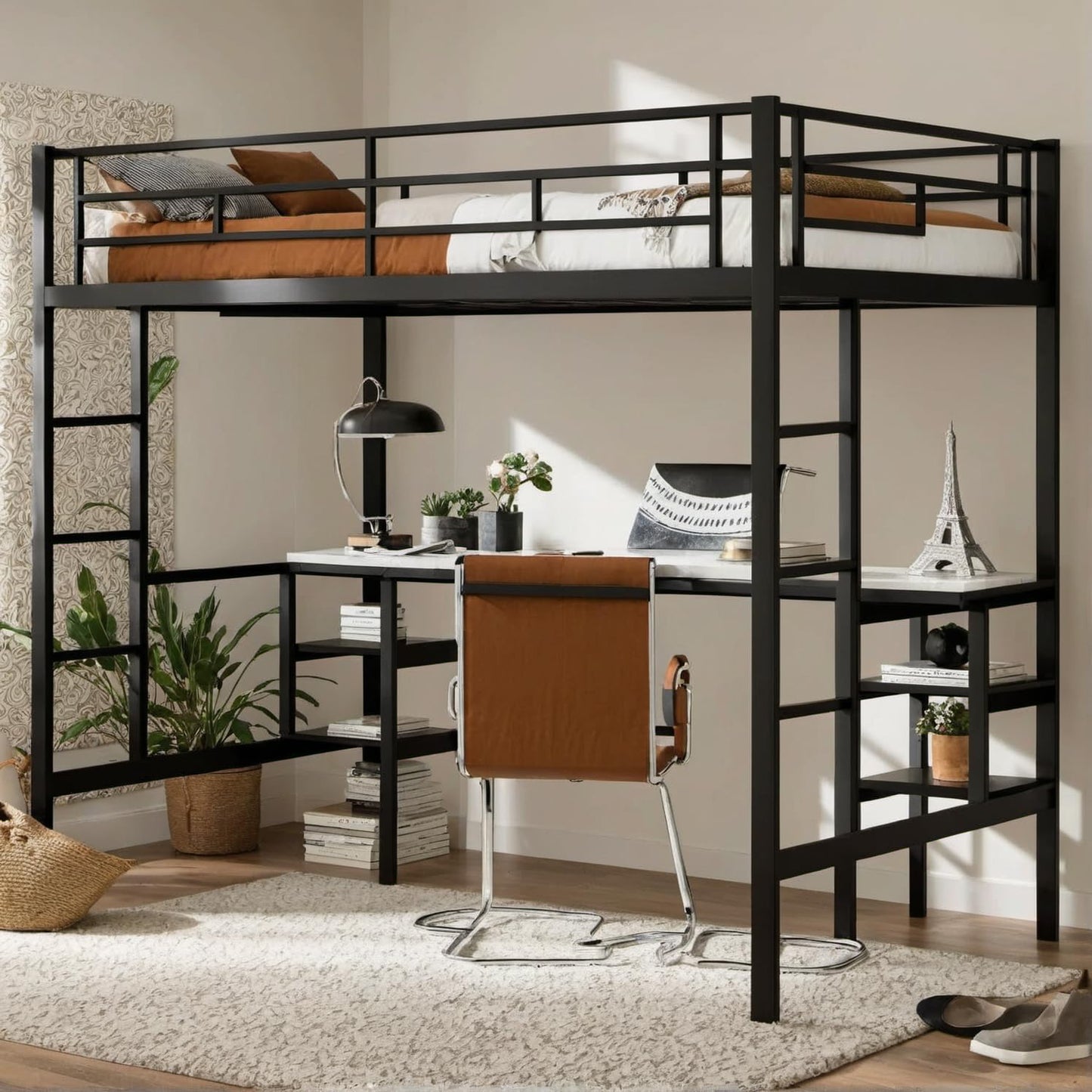 UOCFYK Twin Size Loft Bed with Desk and Shelves, Heavy Duty Metal with Built-in 2 Side Ladders & Safety Guardrail for Kids, Teen, Adults, Save Space & No Box Spring Needed, Black