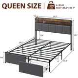 Queen Size Bed Frame with Storage Headboard Led Lights Charging Station, Upholstered Queen Platform Bed Frames with 2 Drawers, Noise Free, No Box Spring Needed, Easy Assembly,Brown Headboard IDEALHOUSE