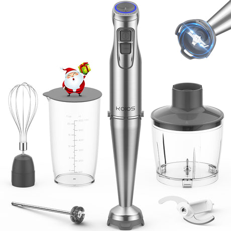 KOIOS 1100W Immersion Hand Blender, Stainless Steel Stick Blender with 12-Speed & Turbo Mode, 5-in-1 Handheld Blender with 600 ml Mixing Beaker with Lid, 500 ml Chopper, Whisk, Milk Frother, BPA-Free KOIOS