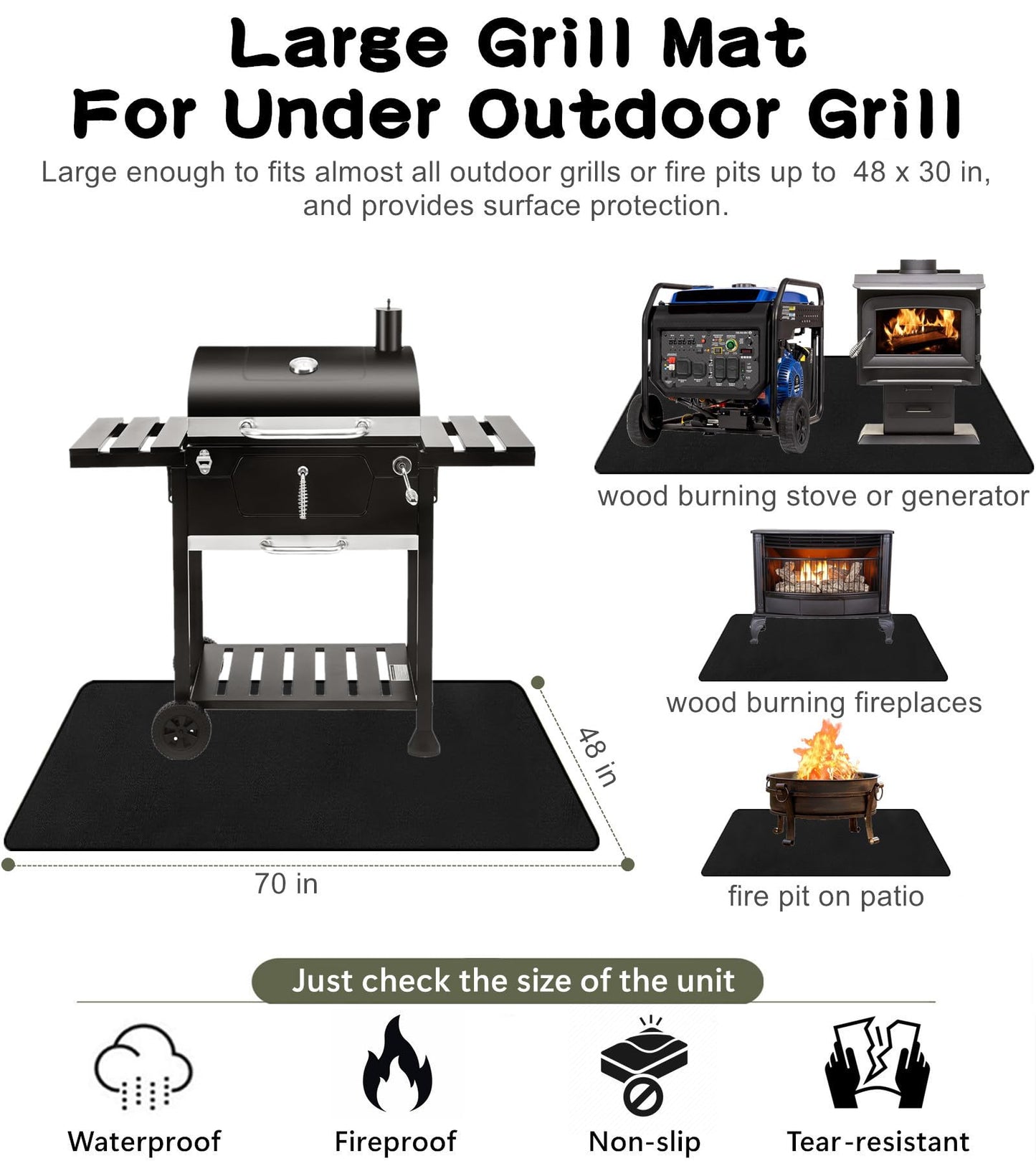 Falezern Large 70 X 48 in Fireproof Grill Mat for Outdoor Grill Deck Protector, BBQ Grill Floor Matt for Under Outdoor Grill, Square Fireproof Mat for Under Fire Pit, Fireplace, Grill, and More.