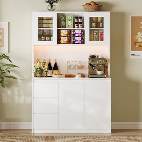 EcoSummer 71" Pantry Cabinet with LED Lights & Charging Station, Kitchen Storage Hutch with Adjustable Glass Door Shelves, Microwave Stand, Modern Cabinet for Home, Dining Room, or Compact Kitchen EcoSummer