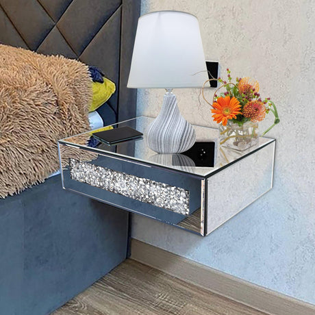 Mirrored Floating Bedside Nightstand with Drawer, Wall Mounted Silver Glass Crystal Diamond Bling Decoration Organizer for Bedroom, Living Room, Small Space, 14.5"×11.5"×4.5" ST3000