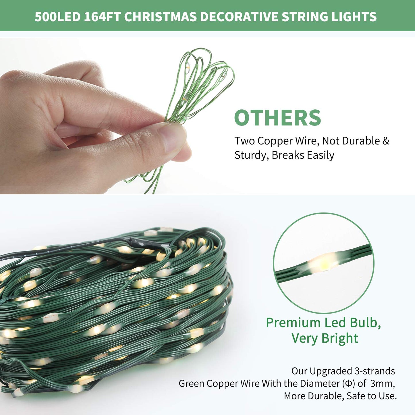 Tcamp 164FT 500 LED Christmas Lights, 8 Modes Christmas Tree Lights with Timer Memory Function, Green Wire Starry Fairy String Lights for Christmas Tree Halloween Outdoor Indoor Decor (Warm White)