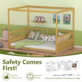 Lyngins Full Size Canopy Bed Frame with Guardrails for Kids, Floor Bed Full with Four Poster Design, Kids Montessori Floor Bed, Wood Canopy Bed Frame for Girls, Boys(Natural) Lyngins