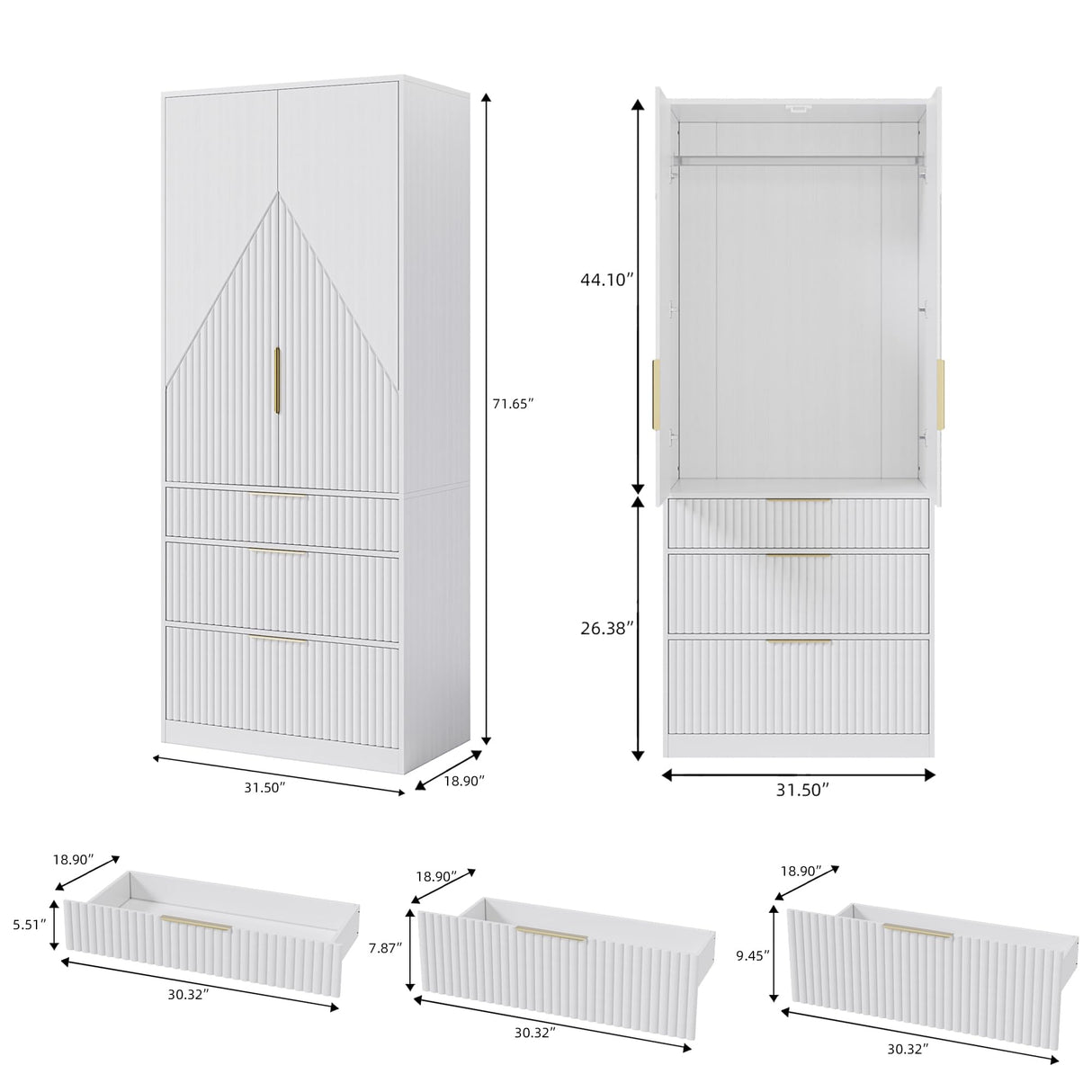 71.7 " Wardrobe Armoire Wooden Closet with 2 Doors and 3 Drawer, Bedroom Armoire with Hanging Rod Shelf, Large Capacity Storage Wardrobe Armoire, Freestanding Wooden Closet Storage Cabinet White TOKSOM