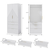 71.7 " Wardrobe Armoire Wooden Closet with 2 Doors and 3 Drawer, Bedroom Armoire with Hanging Rod Shelf, Large Capacity Storage Wardrobe Armoire, Freestanding Wooden Closet Storage Cabinet White TOKSOM