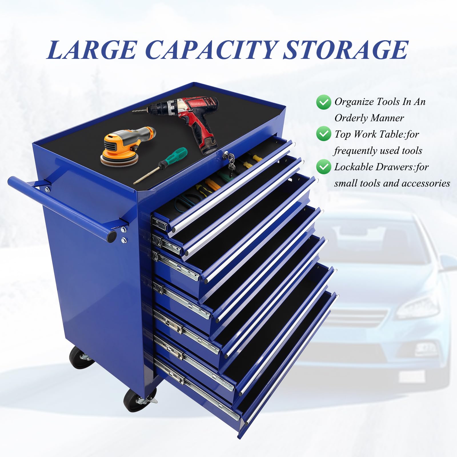 Tool Cart With Drawers,7 Drawers Locking Rolling Tool Chest with Wheels,Mechanic Tool Cabinets for Garage,Large Blue Tool Box for Warehouse,Repair Shop - WoodArtSupply