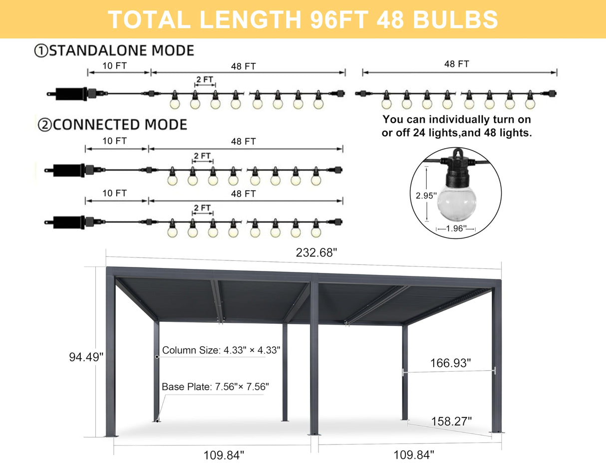 PURPLE LEAF Louvered Pergola 94AS 14' x 20' Outdoor Aluminum Pergola with Two Independently Adjustable Roof with 48 Light Bulbs for Backyard Garden PURPLE LEAF