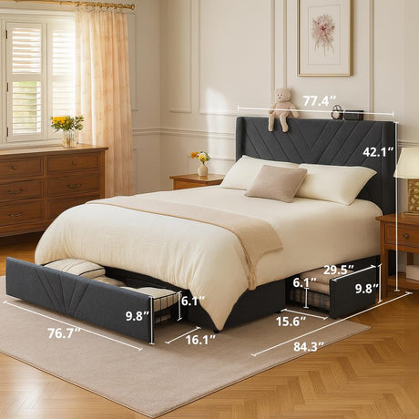 COMHOMA King Size Metal Bed Frame with Upholstered Headboard,Storage Drawers,USB & Type-C Charging Ports,No Box Spring Needed,Dark Grey COMHOMA