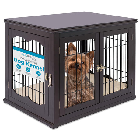 INTERNET'S BEST Decorative Dog Kennel with Pet Bed, Small Pet House, Double Door Indoor Crate, Engineered Wood & Wire Furniture, Side Table & Nightstand, Fits Small Dogs - Espresso Internet's Best