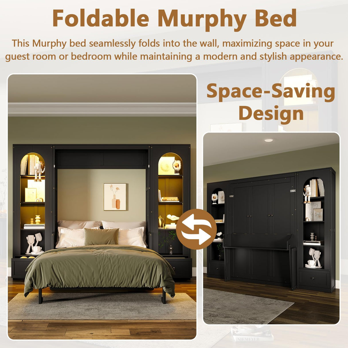 HSUFLWS Queen Size Murphy Bed with Shelves & Cabinets, Foldable Wall Bed with LED Lights, Drawers & Desk, Modern Space Saving Wooden Bed Frame, 500 lbs Capacity (Black) HSUFLWS