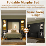 HSUFLWS Queen Size Murphy Bed with Shelves & Cabinets, Foldable Wall Bed with LED Lights, Drawers & Desk, Modern Space Saving Wooden Bed Frame, 500 lbs Capacity (Black) HSUFLWS