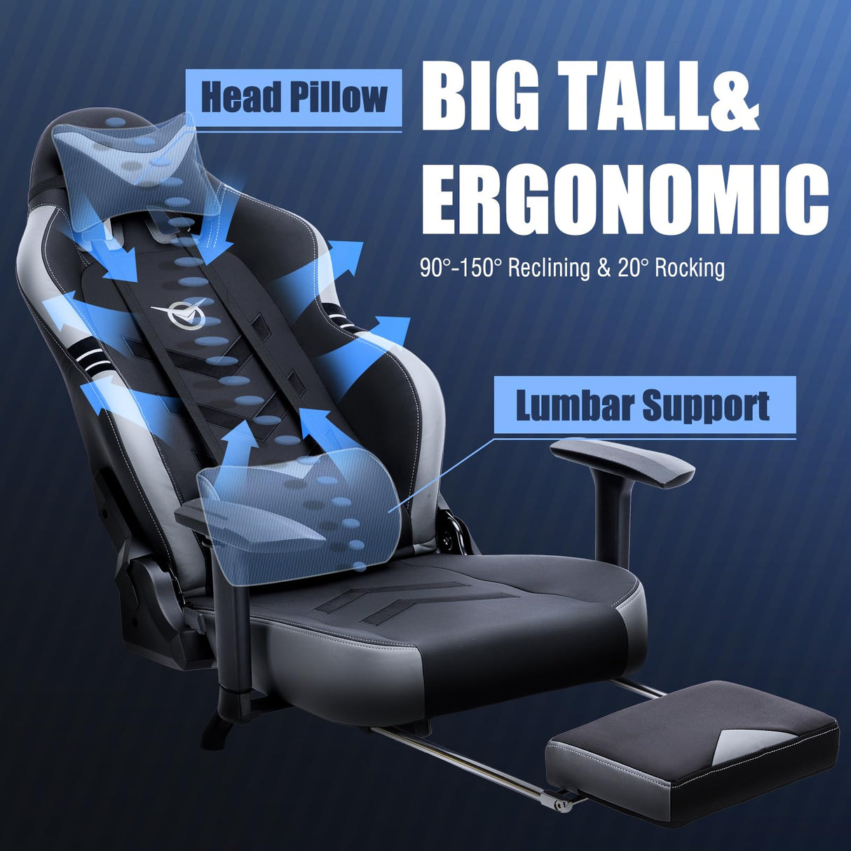 Big and Tall Gaming Chair with Footrest 350lbs-Racing Computer Gamer Chair, Ergonomic High Back PC Chair with Wide Seat, Reclining Back, 3D Armrest for Adult-Black COLAMY