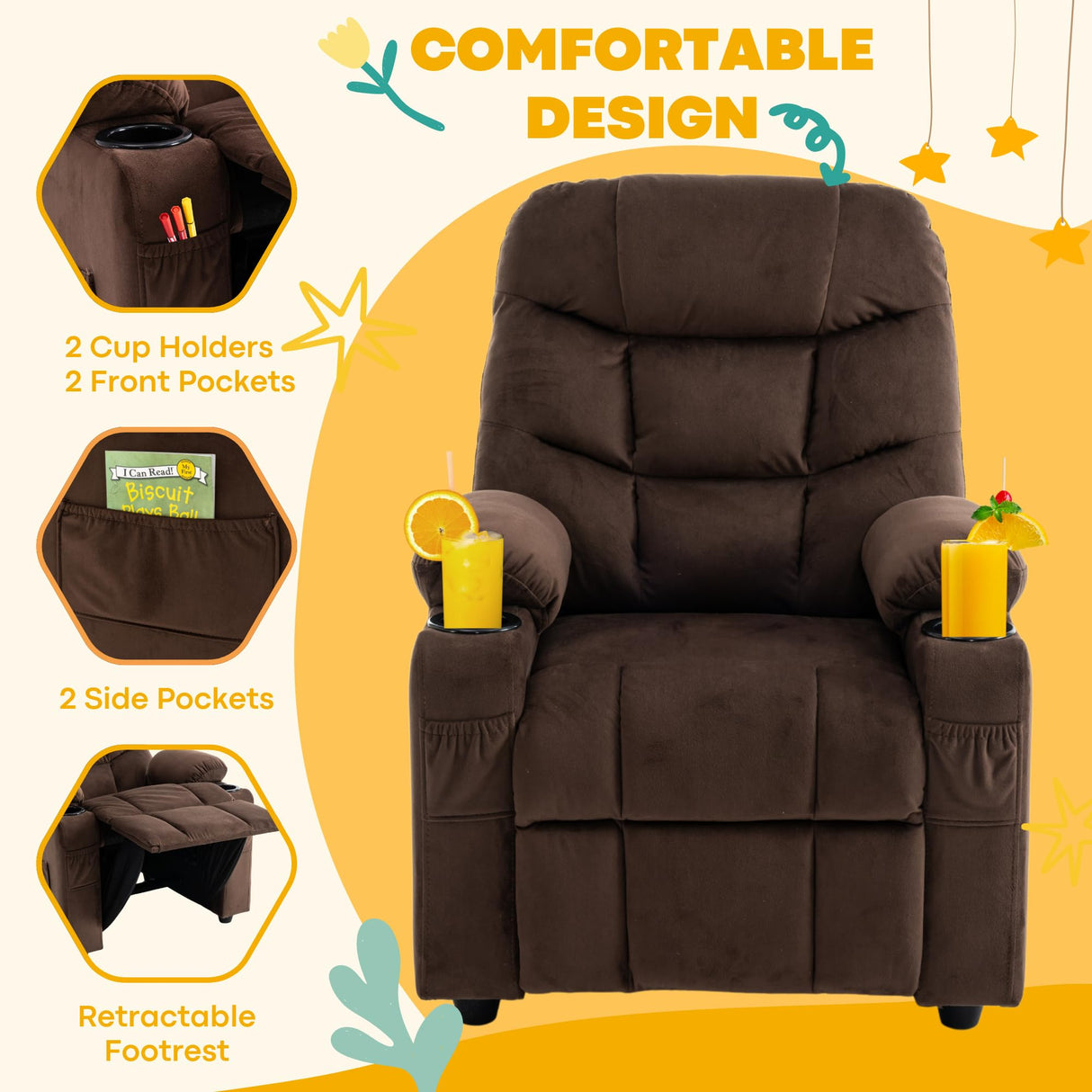SNUGWAY Donut Larger Kids Reclining Chair Velvet Fabric Recliner Sofa Push Back Children Ages 3-12 with Dual Cup Holders and 4 Pockets SNUGWAY